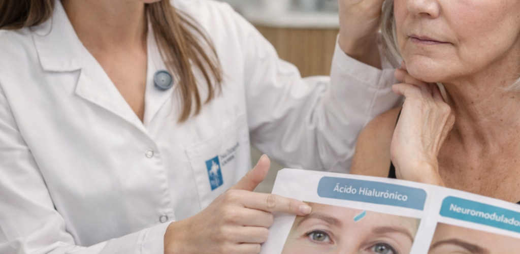 Doctora enseñando ácido hialurónico y neuromoduladores como opción